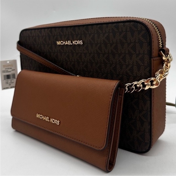 Michael Kors Large EW Crossbody Bag & Large Trifold Wallet BrownBUNDLE SET